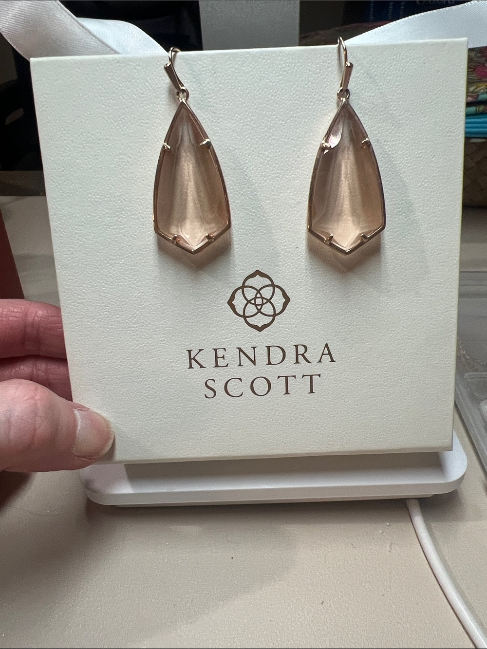 Kendra Scott Rose Gold Teardrop Clear Rose Peach Earrings